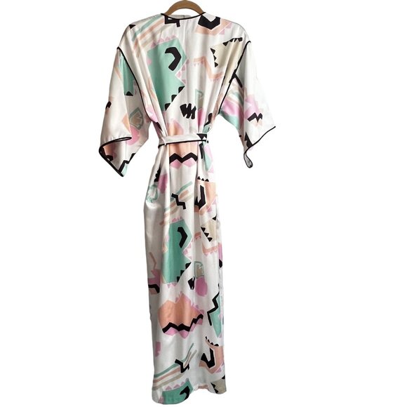 Mary McFadden Collection I Silky Kimono Robe Geometric Abstract Print Satin S - Picture 3 of 15